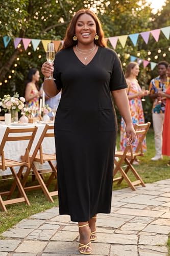 Image of Runwind Plus Size T Shirt Maxi Dress for Women Short Sleeve V Neck Casual Long Dresses with Pockets