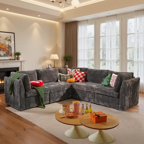 Image of ovios Modular Sectional Sofa Couch with V-Shape Chaise Convertible, Comfy Plush Corduroy Cloud Couches, Modern Luxury Deep Seat Sofas Set for Living Room, 5-Seater, Grey