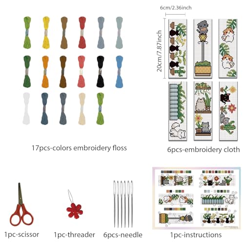 FREEBLOSS 6 Set Cross Stitch Kits with Instructions - Cartoon Cat Pattern Punch Needle Kit for Beginners - Bookmark Making Kit for Gift - Image 2