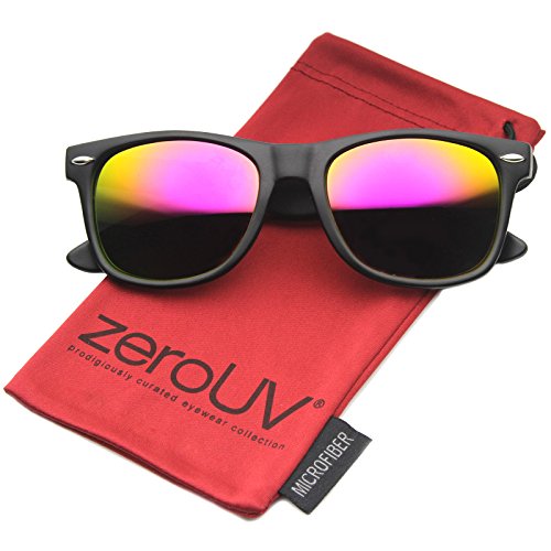 zeroUV Flat Matte Reflective Mirror Color Lens Large Horn Rimmed Style Sunglasses - UV400 (Classic | Black/Magenta)2