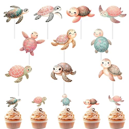 Silars Lot de 20 décorations de gâteau tortues de mer - Décoration d'anniversaire - Pour fête à thème d'animaux marins, fête prénatale, anniversaire