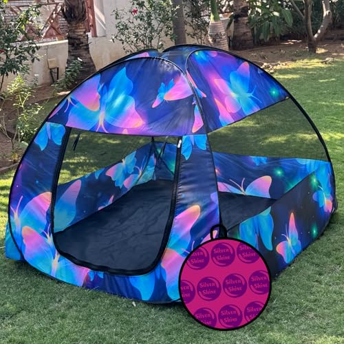 Image of Foldable Play Tent House Big Size for Girl Boys with Butterfly Theme Pop-Up Indoor & Outdoor Playhouse for Girls Boys Multi Purpose Tent with Fun Patterns Easy Setup & Portable (Butterfly-Blue)