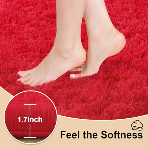 Red Rugs for Bedroom, 2x3 Fluffy Area Rugs for Living Room, Soft Shag Kids Rug Small Carpet with 4 Non-Slip Rug Pads (Red, 2ft x 3ft)