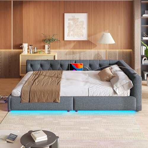 Gegtuon Schlafsofa Doppelbett Polsterbett 140x200 mit LED-Licht, USB-Bett Sofabett mit Kopfteil und Armlehnen, Tagesbett Jugendbett Bettgestell mit Lattenrost, ohne Matratze, Leinen, Grau