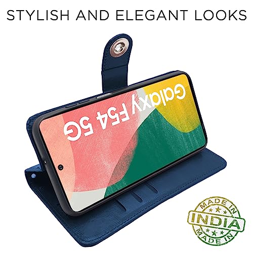 Image of Pikkme Samsung Galaxy F54 / M54 5G Flip Cover Leather Finish | Inside TPU with Card Pockets | Wallet Stand and Shock Proof | Complete Protection Button Flip Case (Blue)