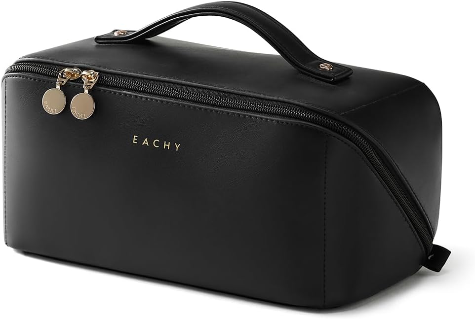 EACHY Travel Makeup Bag for Women, PU Leather Cosmetic Bag, Black, Large