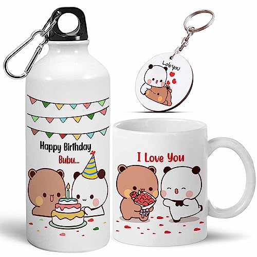 Image of Bubu Dudu Love Gift for Birthday /Anniversary Sipper Water Bottle 750 ML Aluminium with 320 ML Coffee Mug, Wooden Keychain Combo Pack MSK-V (Design-7)