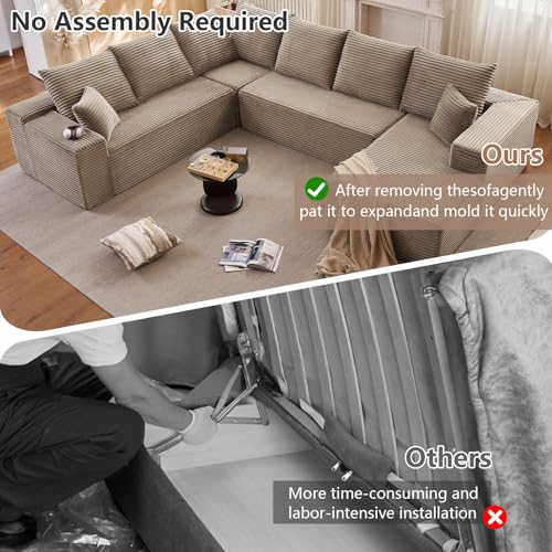 Image of Modern Modular Sectional Sofa, Big Comfy Corduroy Cloud Couch with Deep Seat, Boneless Couch Upholstered 6-Seater U-Shaped Sofa for Living Room, No Assembly Required (Camel, Right-Facing Chaise)