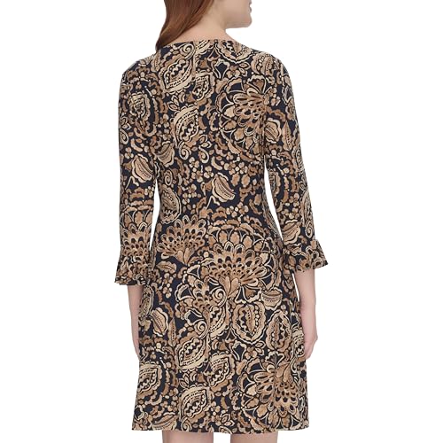Image of Tommy Hilfiger Women's 3 /4 Ruffle Trim Sleeve Round Neck Jersey Shift Mini Dress