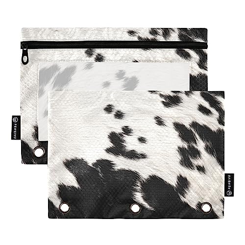 Coikll Cow Skin Print Pencil Pouch Fits Standard 3-Ring Binders, Zipper Binder Pencil Bag with Clear Window for Class Office 2 Pack