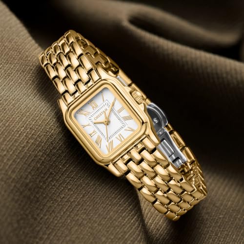 Image of CHEETAH Gold Watches for Women with Small Vintage Bracelet, Rectangular Case Roman Dial