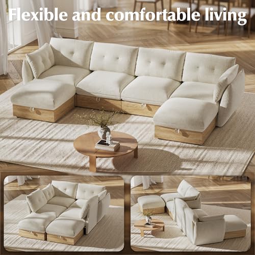 Image of 134 inch 4-Seater Cloud Couch Sectional Modular Sofa with Storage, Modular Deep Seat Couch Oversized Sofa with Ottoman, Armrest Pillow, Easy Assembly for Living Room, Apartment, Office, Ivory