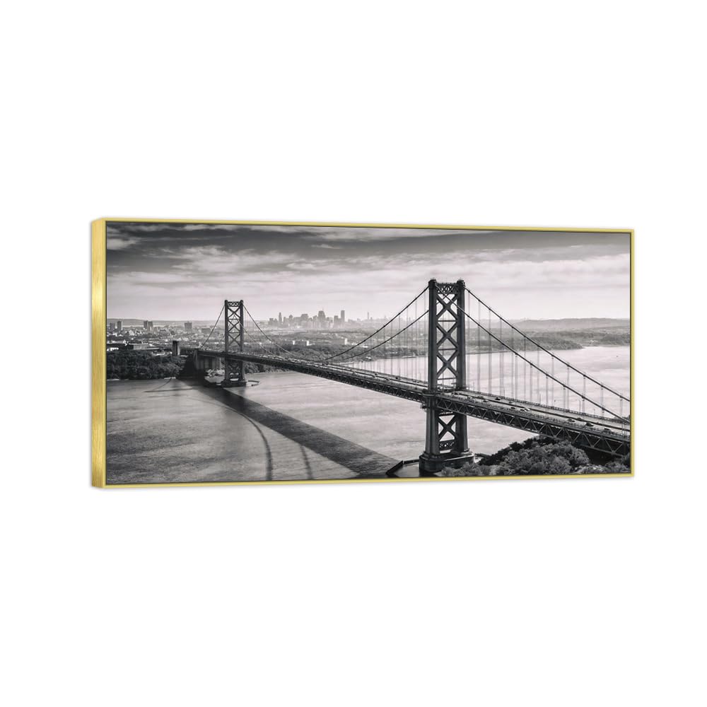 Sea Bridge 4 Black White Landscape Canvas Picture 20x40cm Gold Frame