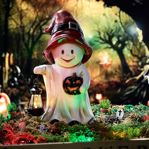 Teresa'S Collections Halloween Spooky Garden Statues With Solar Lights, Cute Orange Hat Ghost With Lantern For Resin Halloween Decorations, Pumpkin Jack-O-Lanterns Decor For Outdoor Porch Yard thumb #1