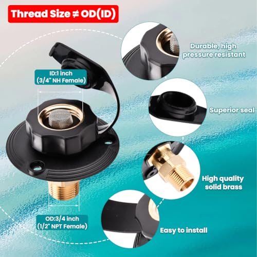 Image of RV City Water Inlet with Check Valve, 3 /4 NH Female to 1 /2 NPT Male Thread Fresh Water Inlet Replacement, City Water Fill Inlet Connection with Dust Plug for RV Camper Motorhome Trailer Marine