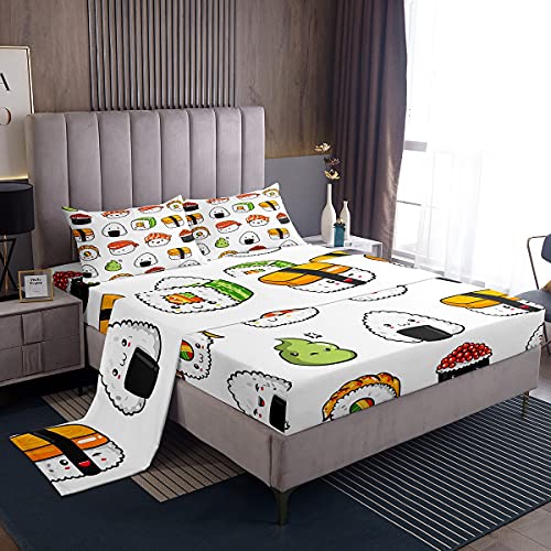 Kids Bed Sheets Full Size Cute Sushi Print Bed Sheet Set for Girls Boys Children Bedroom Kawaii Decor Cartoon Japanese Style Bedding Set Teens Sheets Set with Fitted Sheet, Flat Sheet,2 Pill