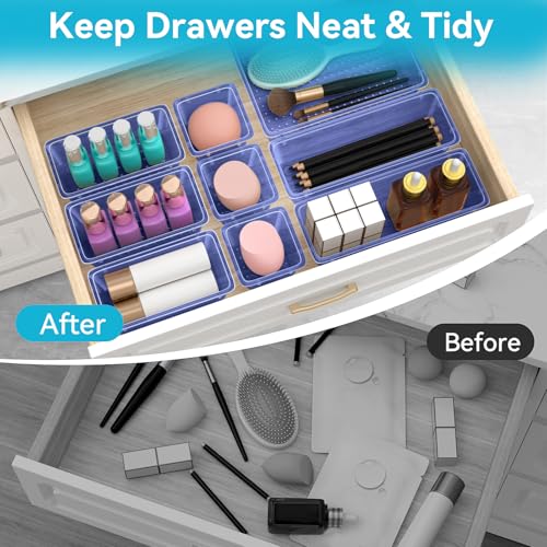 Image of ElegantArray 12 PCS Drawer Organizer Set, 4 Sizes Tool Storage Trays, Clear Plastic Makeup Vanity Organizer and Storage Bins for Stationeries, Multiple Gadgets for Office, Bedroom, Navy Blue