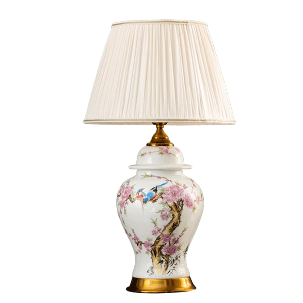 SANBDDLYY Elegant Chinese Style Ceramic Table Lamp Fabric Shade - LED Bedside for Bedroom, Living Room, and Office