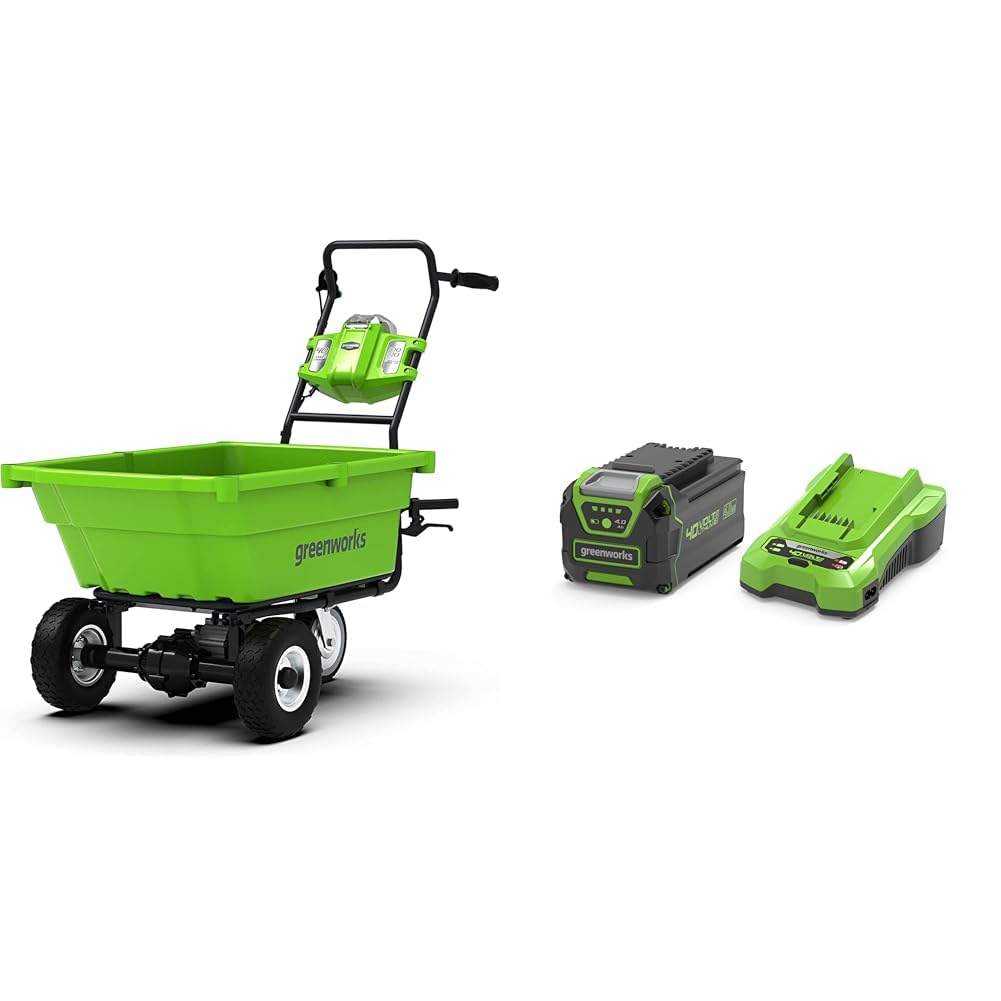 40V Akku-Gartenwagen Greenworks selbstfahrend G40GC, 100 kg Tragkraft 106 L, komfortable Kippfunktion, 3 Jahre Garantie mit 40V 4Ah Lithium-Ionen Akku + 2A Universal Ladegerät Kit - GSK40B4