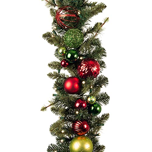 [9 Foot Artificial Christmas Garland] - Festive Holiday Collection - Red and Green Decoration - Pre Lit with 100 Warm Clear Colored LED Mini Lights - includes Remote Controlled Battery Powered Timer