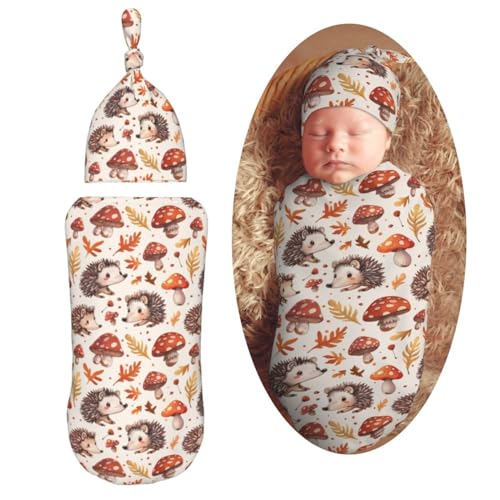 Image of Baby Cute Hedgehog Mushrooms Newborn Swaddle Blankets Hat Sets Soft Baby Receiving Blanket Swaddle Sack for Baby Shower Infant Boy Girl Gift