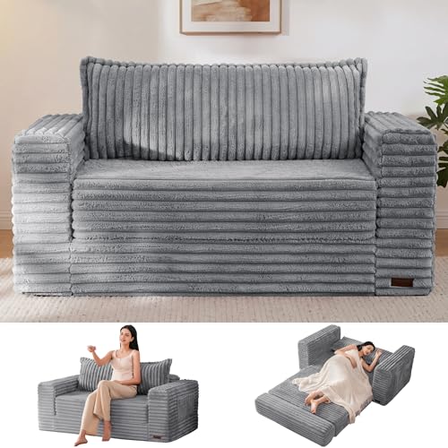 Image of MAXYOYO Convertible Sofa Bed, 2 in 1 Folding Couch Bed for Small Space, Pull Out Loveseat Sofa Couch with Large Back Pillow, Plush Faux Fabric Lounge Couch for Living Room, Apartment, Grey