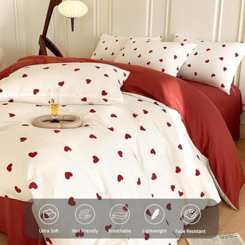 Image of Heart Duvet Cover Set King Red White Heart Bedding Set Reversible,Microfiber Comforter Cover Sets Striped Includes 1 Duvet Cover and 2 Pillow Shams