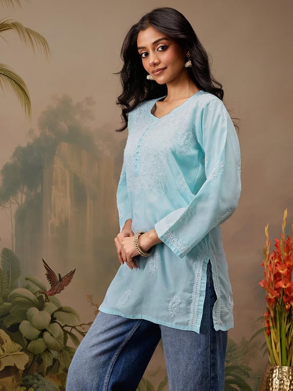 Image of Ada Hand Embroidered Lucknowi Chikankari Cotton Top for Women A911459