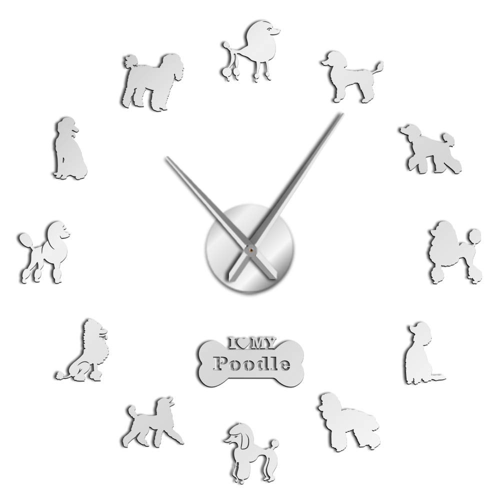 Horloge géante caniche effet miroir 3D grand art mural luxe argenté