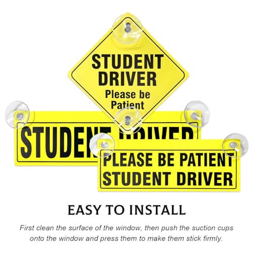 Image of 3 PCS Student Driver Sticker, Removable Reusable New Driver Sign with Suction Cups, Please Be Patient Novice Driver Safety Warning, Rookie Driver Sticker for Car Windows