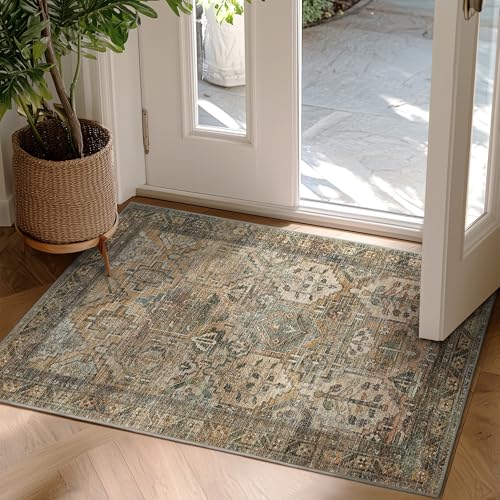 GENIMO 2x3 Area Rugs for Living Room, Machine Washable Non Slip Vintage Rugs, Low Pile Lightweight Chenille Print Rug for Bedroom, Dining Room, Home Office, Warm Taupe