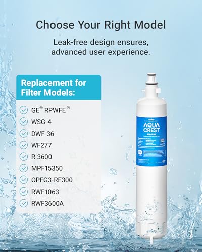 Image of AQUA CREST AQF-FF19C Replacement for GE RPWFE, RPWF (with CHIP) Refrigerator Water Filter, Compatible with GYE22HMKES, GYS22GMNES, GYE22HBLTS, DFE28JSKSS, GFE28HMHES, GNE29GYNFS, 2 Filters
