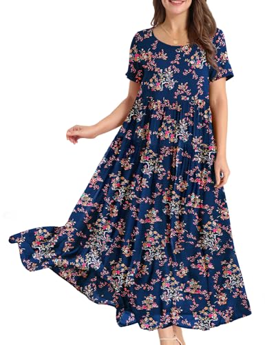 Image of YESNO Women Casual Loose Bohemian Floral Dress with Pockets Short Sleeve Long Maxi Summer Beach Swing Dress EJF