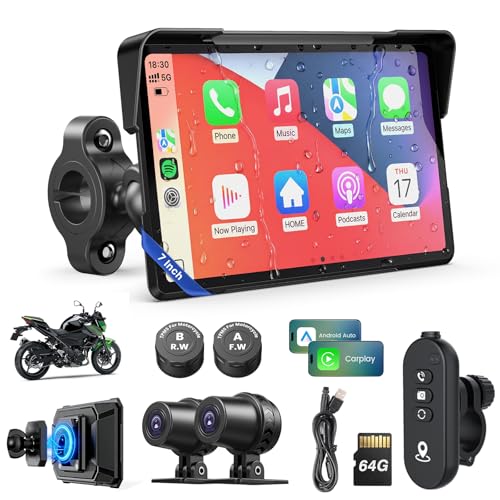 Image of WonVon Motorcycle CarPlay Screen with Android Auto - 7 inch Waterproof GPS, Pantalla para Moto, Apple CarPlay, Navigation System for Motorcycle, Dual 2K Dash Cam Bluetooth Audio,64GB&TPMS with Magnetic