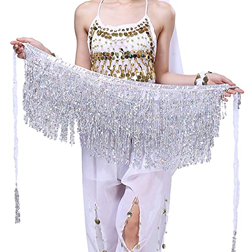 Dresbe Sequins Hip Skirt Belly Dance Scarf Tassel Waist Wrap Rave Costume For Women And Girls (Silver) #TOP3