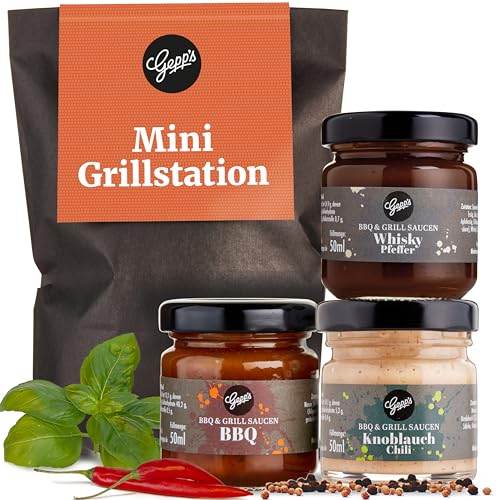 Gepp’s Feinkost Wundertüte Mini Grillstation I Grill-Geschenke für Männer mit BBQ Grillsauce, Whsikey Pfeffer Sauce & Knoblauch Chili Sauce I Grillgewürze Geschenkset mit Anhänger