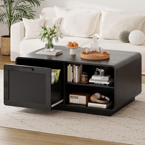 LIKIMIO 39.4" Rattan Coffee Table with Storage Drawers, Safety Curved