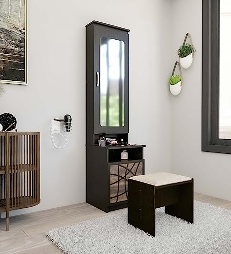 Image of NEUDOT Paris Wooden Dressing Table with Mirror and Storage | Engineering Wood | Vanity Table with Mirror | Bedroom, Living Room | 1-Year Warranty, Brown
