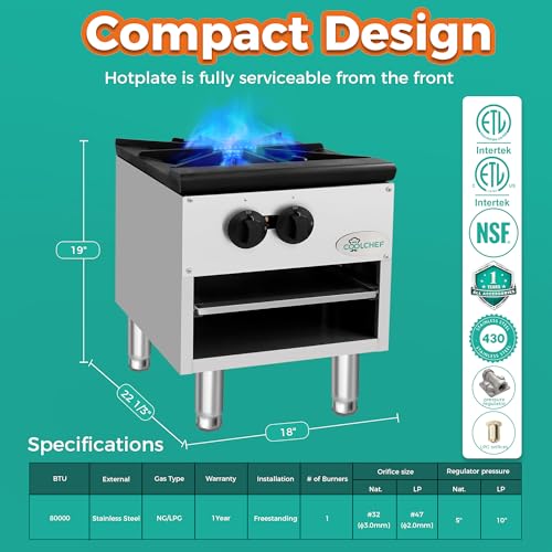 Image of 18 Inch 80,000 BTU Hot Plate, Heavy Duty Burner, Stainless Steel Commercial Gas Stove, NG /LP Convertible, ETL Certified