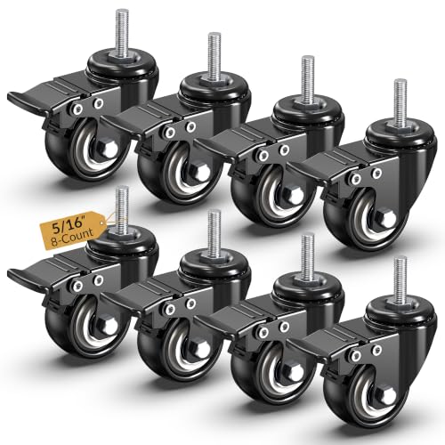 Image of HOLKIE Stem Caster Wheels 2 inch Total Locking Casters Set of 8, Threaded Stem 5 /16 inch -18 x 1 (Diameter 5 /16 inch, Length 1 inch) Swivel Heavy Duty Castors Black