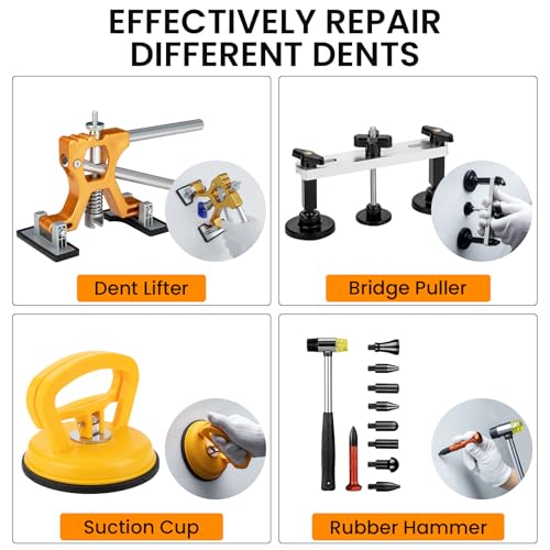 Image of Car Dent Puller Kit,Paintless Dent Removal Kit,Car Dent Repair Kit with Slide Hammer 2 in 1 T-bar, Bridge Puller,Golden Lifter,Dent Remover Tool for Car Hail Damage DIY Repair