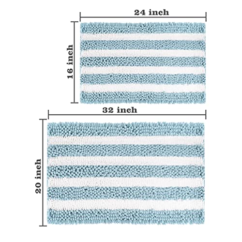 Yonchic Chenille Striped Bathroom Mat, Extra Thick And Absorbent Bath Rugs, Blue And White Mixed Color Non-Slip Soft Plush Shaggy Bath Carpet, Machine Washable Bath Mats (20 X 32 Inch) #TOP1