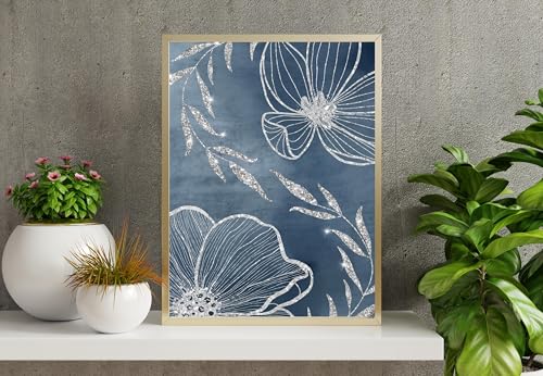 Tableau salon toile florale violette argentée 80x140 cadre botanique miroir