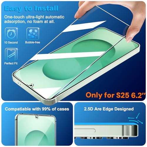 Image of 3 Pack for Samsung Galaxy S25 Screen Protector Tempered Glass + 3 Pack Camera Lens Protector, Military Grade Shatterproof, 9H Hardness, Fingerprint Unlock, Case Friendly 6.2 Inch