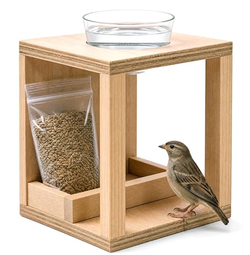 Mangeoire Oiseaux Extérieur en Bois Fait Main avec Compartiments Abreuvoir Et Plateau Amovible pour Oiseaux Sauvages avec Sachet 70g De Nourriture Jardin...