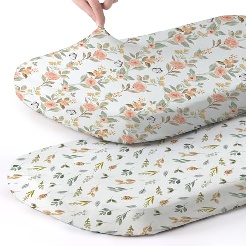 Image of Stretch Fitted Bassinet Sheet Set BROLEX 2 Pack Cradle Sheets for Bassinet Pad /Mattress,Unisex Boys Girls,Ultra Soft,Rose Foliage
