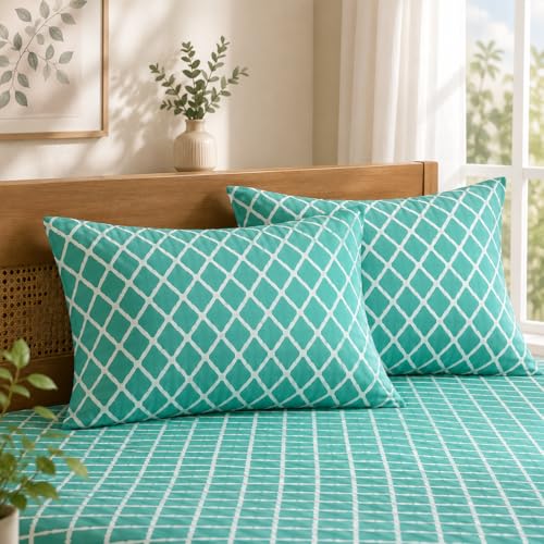 Image of Teal Geometric Queen Size Bedsheet with 2 Pillow Covers | Soft, Breathable & Bedding Set | Modern Diamond Pattern Room Decor (90 x 100 Inches)