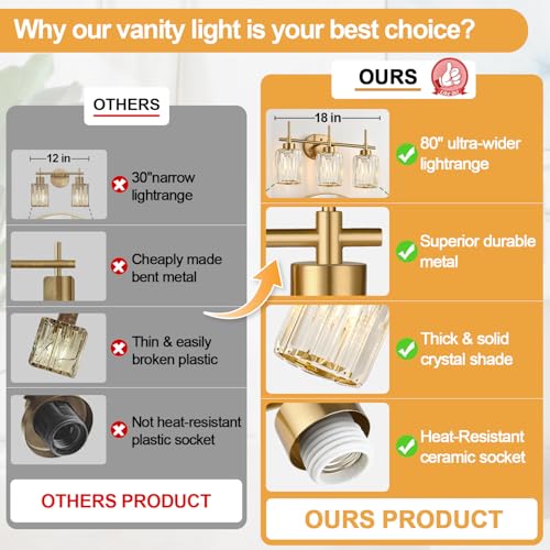 Image of Modern Crystal Bathroom Vanity Light, 3-Light Brushed Gold Bathroom Light Fixtures with Clear Shades, Vanity Lighting Fixtures Over Mirror (Exclude Bulb)