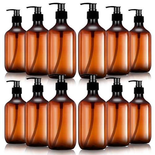 12 Packs Amber Plastic Soap Lotion Dispenser Bottles with Pump, Refillable Body Wash Container 16.9 Oz Empty Pump Shampoo Bottles Dispenser for Bathroom Travel Soap Lotion Shampoo and Conditioner
