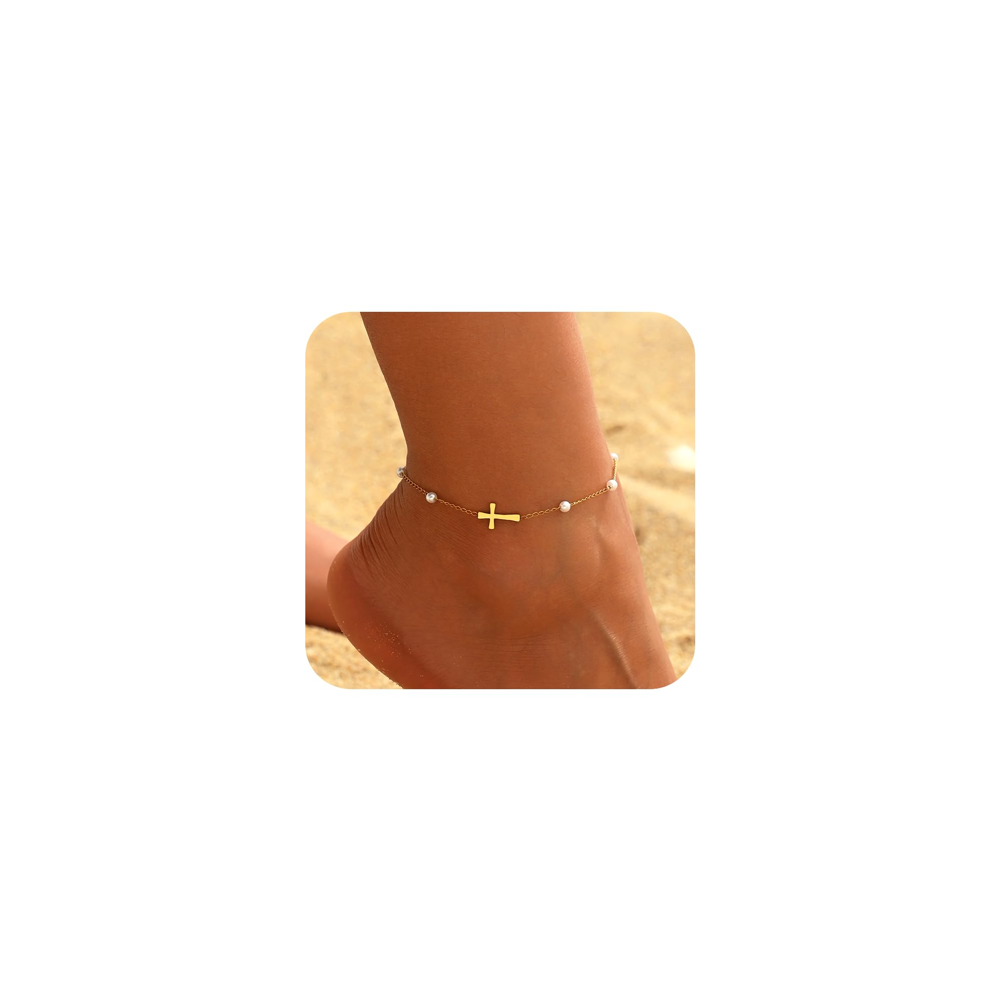 Nawflue Ankle Bracelets for Women, 18K Gold Plated Dainty Waterproof Cross Anklets, Pearl Beaded Link Chain Anklet for Women Non Tarnish, Summer Beach